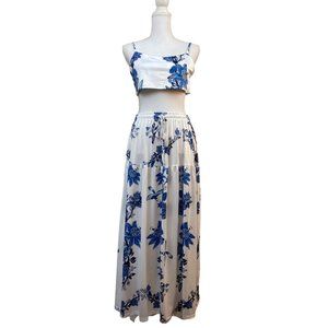 Blue And White Floral Print Skirt Set 2XL